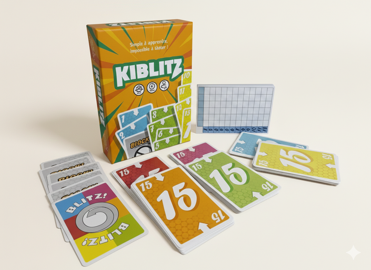 Contenu de la boîte Kiblitz : cartes couleurs, cartes Block et Blitz, fiche de score